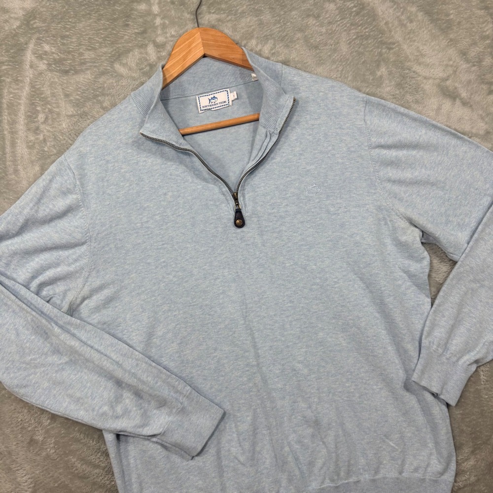 Southern Tide Quarter Zip Sweater Mens Large Blue Heathered Cotton Pullover